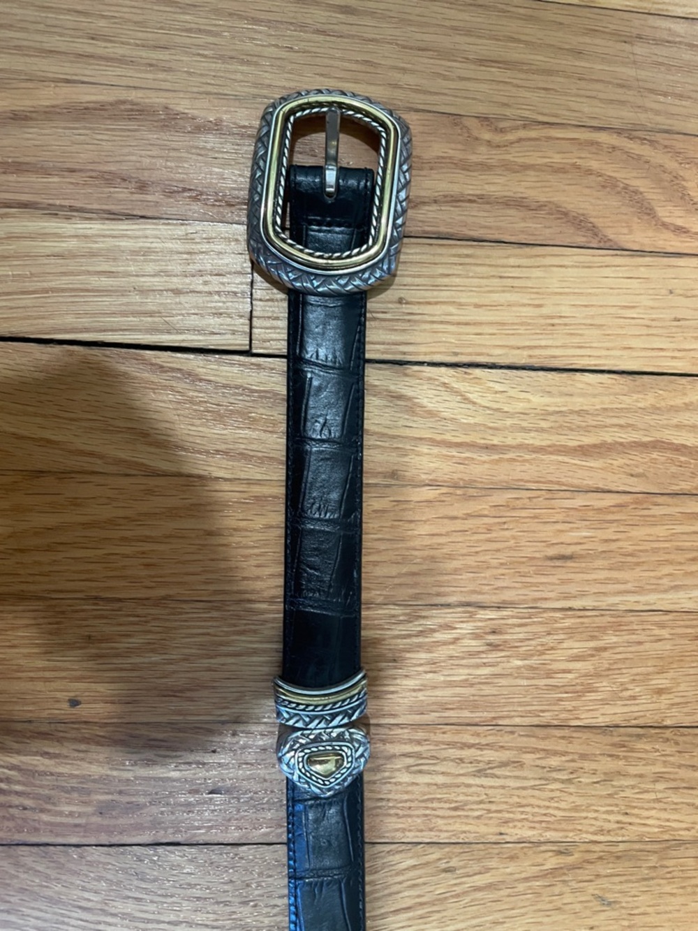 Black/Brown Leather Belt with Two-Tone Decorative Buckle [Reversible]